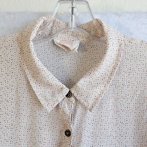 Quiksilver Women Button up Blouse Sz L Semi Sheer Raglan 3/4" Sleeve Polka Dots - Picture 11 of 16